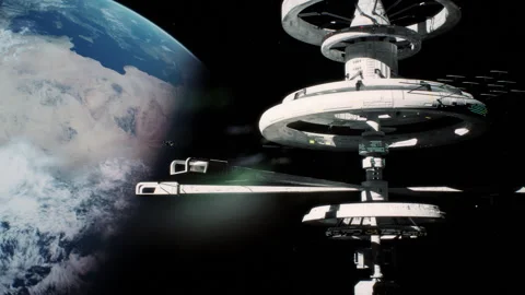 A tiny spaceship arriving to Earth's spacestation Stock-Footage 240452310
