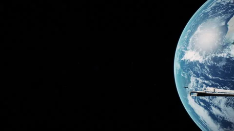 A tiny spaceship arriving to Earth's spacestation with Earth in the backgroun Stock-Footage 240452927