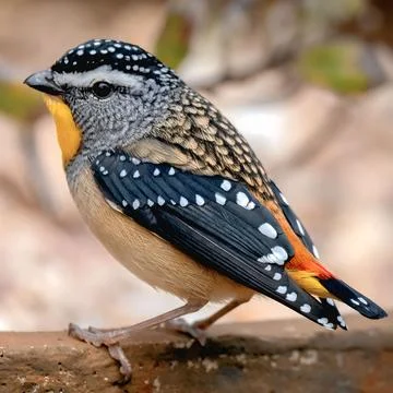 Tiny spotted pardalote bird with white dotted plumage and red rump stock photo Stock Photos