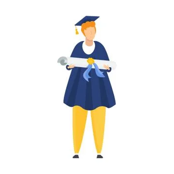 Tiny student holds a scroll in his hands. Getting a diploma. Illustrazione stock
