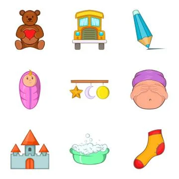 Tiny tot icons set, cartoon style Stock Illustration