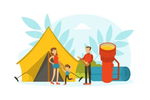 Tiny Tourists Characters Having Camping Trip, Huge Hiking Elements, Family イラスト素材