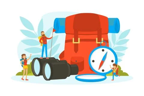 Tiny Tourists Characters with Huge Expedition and Hiking Equipment, Family Going Stock Illustration