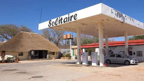 The tiny town of Solitaire Namibia offers a gas station and a small oasis Stock Footage 106936425