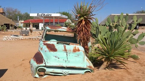 The tiny town of Solitaire Namibia offers a gas station and a small oasis Stock Footage 106936697