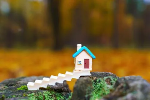 Tiny Toy House Set on a Tree Stump in the Forest Stockfoto's