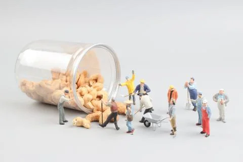 Tiny toy mining nuts with bottle Foto stock