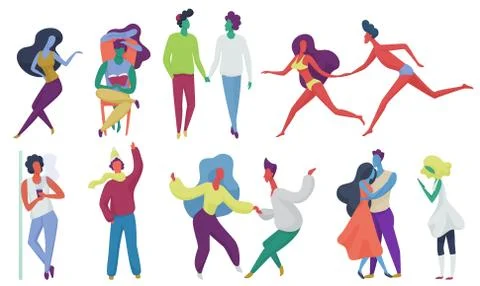 Tiny trendy abstract people couples in seasonal clothes. Men and women flat Stock Illustration