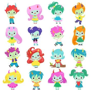 Tiny Troll Characters with Different Hair Color and Little Horns Big Vector Set Stock Illustration