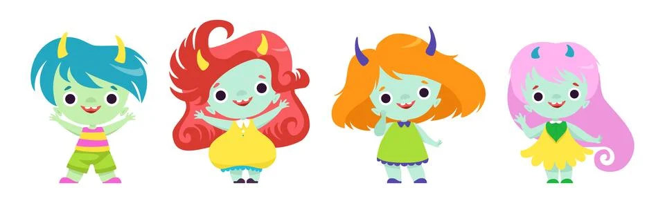 Tiny Troll Characters with Different Hair Color and Little Horns Vector Set Stock Illustration