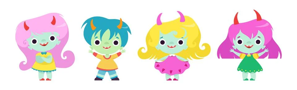 Tiny Troll Characters with Different Hair Color and Little Horns Vector Set Stock Illustration
