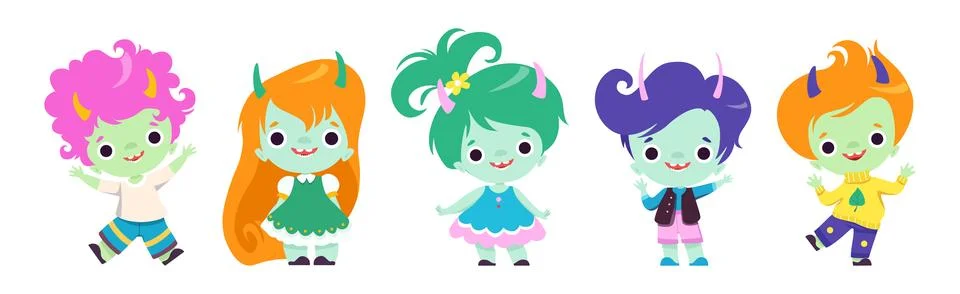 Tiny Troll Characters with Different Hair Color and Little Horns Vector Set Stock Illustration