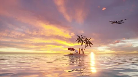 Tiny Tropical Paradise Island Palm Tree Sunset Seagull Beach Scene Stock Footage 337815497