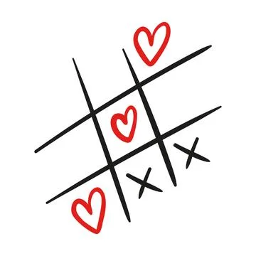Tiny vector doodle tic-tac-toe grid where circles become hearts, playful Stock Illustration
