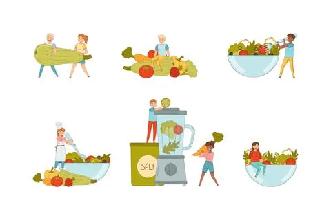 Tiny Vegetarian People Characters with Fresh Huge Vegetables from Greengrocery 스톡 일러스트