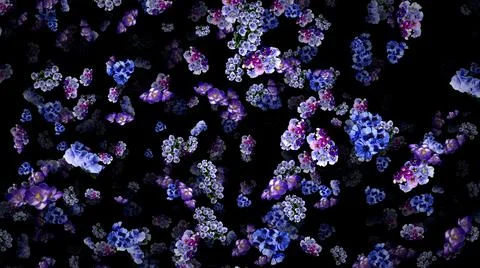Tiny violets flowers bouquets splatter on black background Stock Illustration