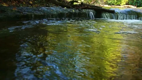 Tiny waterfall falling into a wide pool that has lots of color reflecting Stock Footage 143281184