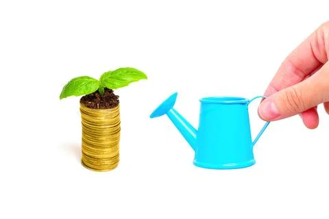 Tiny Watering Can in Hand by a Coins Stack with Young Sprouting 스톡 사진