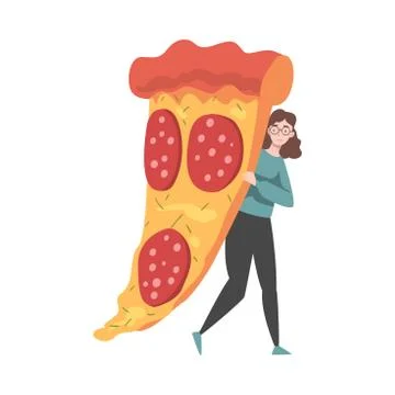 Tiny Woman with Huge Slice of Pizza Vector Illustration Illustrazione stock
