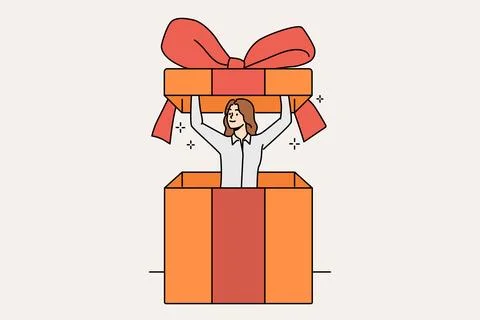 Tiny woman inside gift box with bow, to congratulate store customers or business 스톡 일러스트