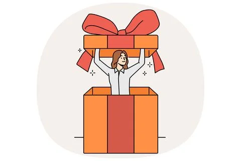 Tiny woman inside gift box with bow, to congratulate store customers or business 스톡 일러스트