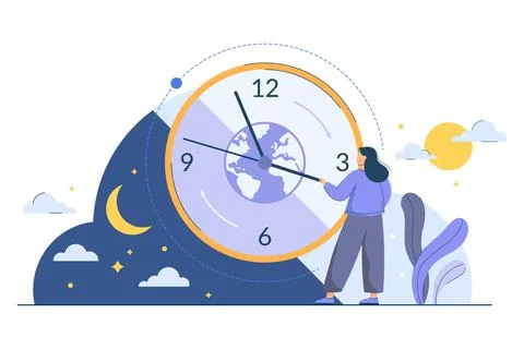 Tiny woman near clock with changing circadian rhythm Stock Illustration