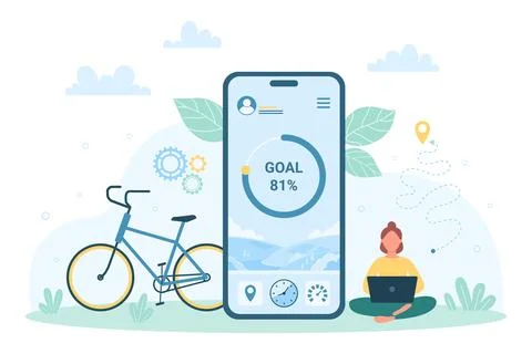 Tiny woman using cycling app for training, riding bike for goal location Stock Illustration