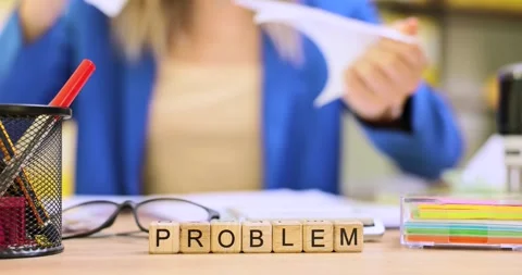 Tiny wooden blocks on office table create word PROBLEM Video stock 309053901