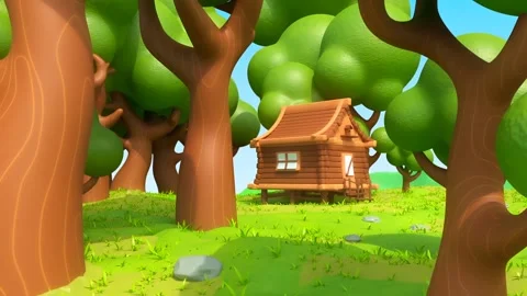 Tiny Wooden House in the Forest. Trees Around a Wooden Hut or Cottage. Vídeo Stock 260689252