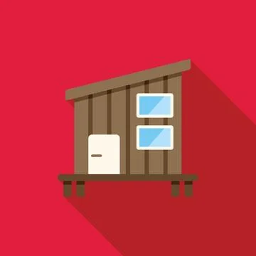 Tiny wooden house with windows on red background Illustrazione stock