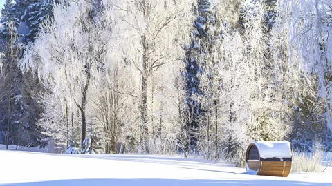 Tiny wooden sauna in white winter forest landscape, time lapse view Stock Footage 257062023