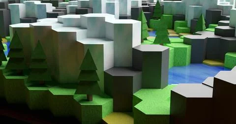 Tiny world made of hexagonal tiles. Isometric view. Video game style. 스톡 일러스트