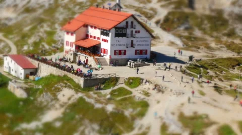 Tiny world tourist traffic refuge Locatelli dolomites Stock Footage 68664350