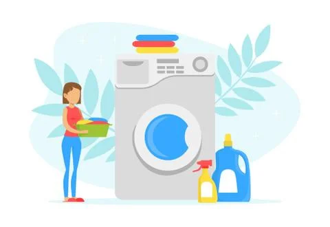Tiny Young Woman Loading Big Washing Machine in Laundry Room, Laundry Process Ilustración de archivo