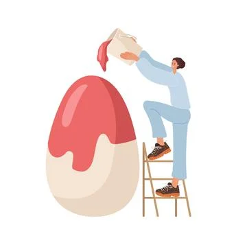 Tiny Young woman painting easter egg. Girl stands on stepladder and pours paint Stock Illustration