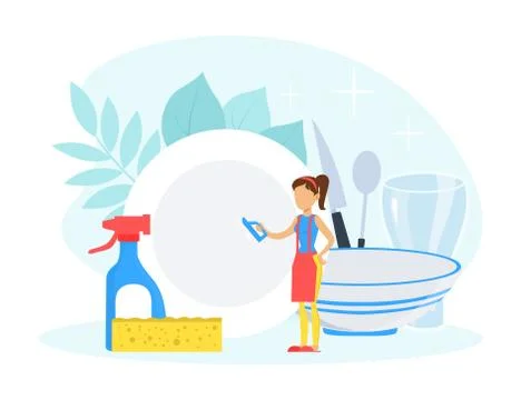 Tiny Young Woman Washing Dishes in Kitchen, Housewife Cleaning Dirty Dish Stock Illustration