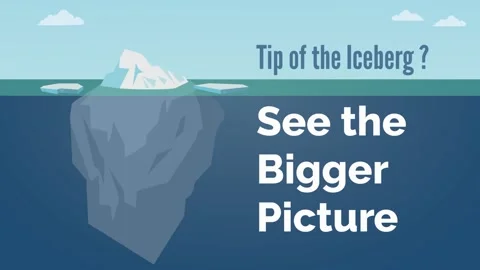 Tip of the iceberg or see the bigger picture text animation on blue ocean Video stock 194796799