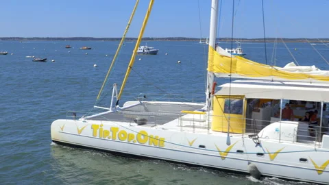 The Tip Top One, a giant catamaran tourist boat, sailing on the Arcachon Bay Stock Footage 172590627