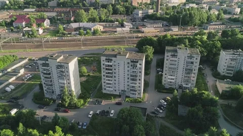 Tipical post soviet town Viborg. Panel concrete houses in a green area Stock Footage 153103189