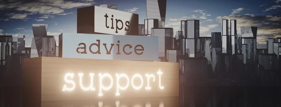 Tips, advice, support - block shapes and skyscrapers - 3D illustration Stock Illustration