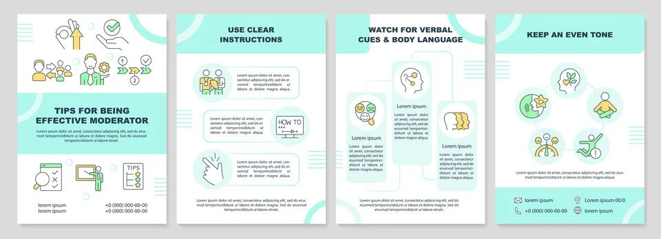 Tips for being effective moderator turquoise brochure template Stock Illustration