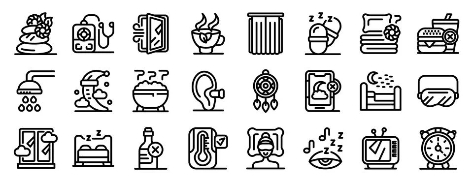 Tips better sleep icons set. Promoting relaxation and better sleep through mi Stock Illustration