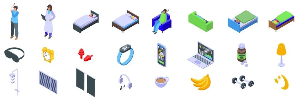 Tips better sleep icons set. Doctor explaining sleep hygiene tips for bette.. Stock Illustration