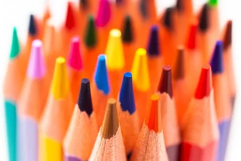 The tips of colored pencils on a white background, close-up 写真素材