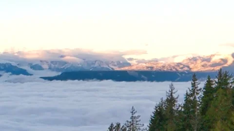 The tips of the fir trees on the mountain horizon are filled with bright light Stock Footage 256157150