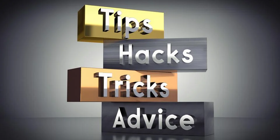Tips, hacks, tricks, advice - words on metal blocks - 3D illustration Stock Illustration