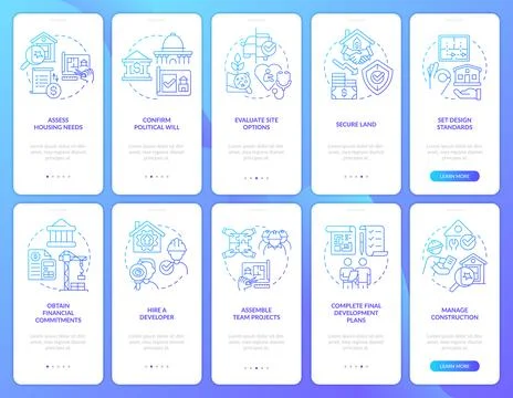 Tips for housing development blue gradient onboarding mobile app screen set Illustrazione stock