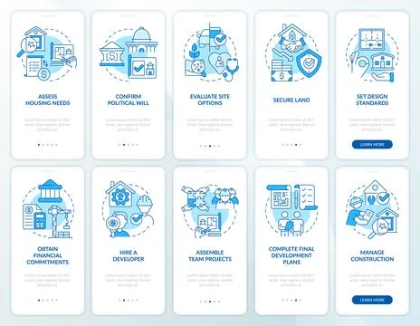 Tips for housing development blue onboarding mobile app screen set Stock Illustration
