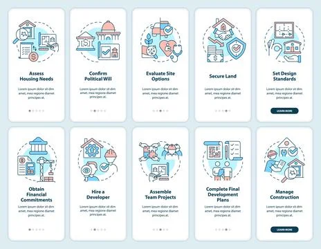 Tips for housing development onboarding mobile app screen set Stock Illustration