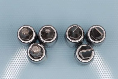 Tips of interchangeable flat and hexagonal bits for screwdriver Foto stock